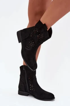 Ażurowe Botki Damskie Na Płaskim Obcasie Czarne Amisna