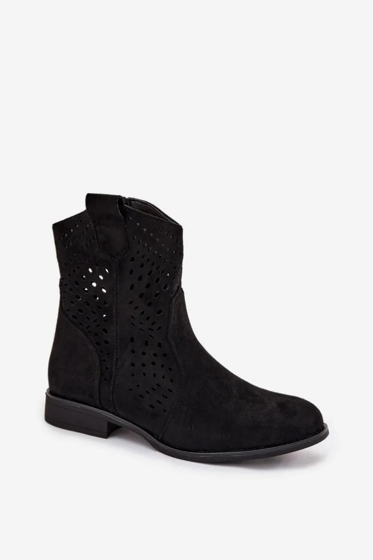 Ażurowe Botki Damskie Na Płaskim Obcasie Czarne Amisna
