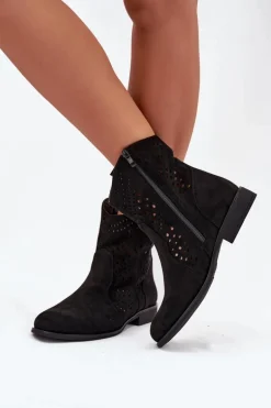 Ażurowe Botki Damskie Na Płaskim Obcasie Czarne Amisna