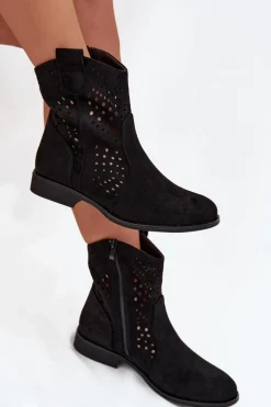 Ażurowe Botki Damskie Na Płaskim Obcasie Czarne Amisna