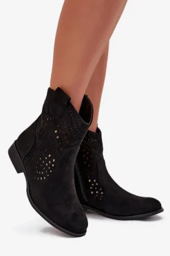 Ażurowe Botki Damskie Na Płaskim Obcasie Czarne Amisna