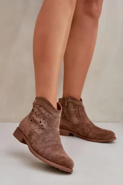 Ażurowe Botki Damskie Na Płaskim Obcasie S.Barski HY51-113 Brązowe