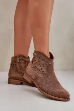 Ażurowe Botki Damskie Na Płaskim Obcasie S.Barski HY51-113 Brązowe