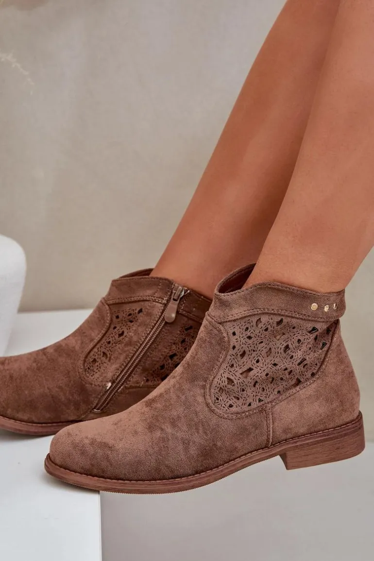 Ażurowe Botki Damskie Na Płaskim Obcasie S.Barski HY51-113 Brązowe