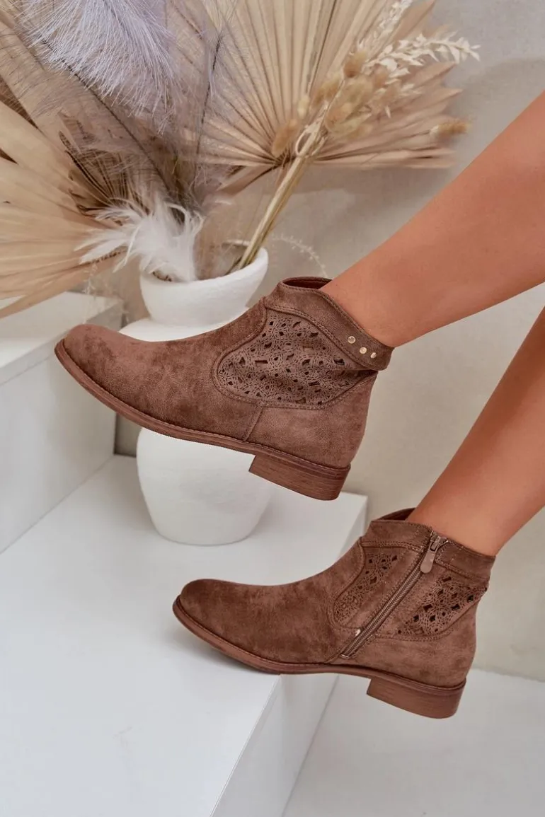 Ażurowe Botki Damskie Na Płaskim Obcasie S.Barski HY51-113 Brązowe