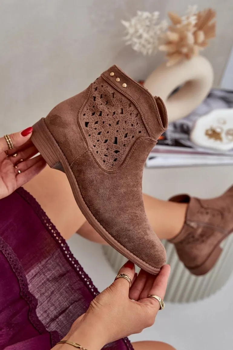 Ażurowe Botki Damskie Na Płaskim Obcasie S.Barski HY51-113 Brązowe