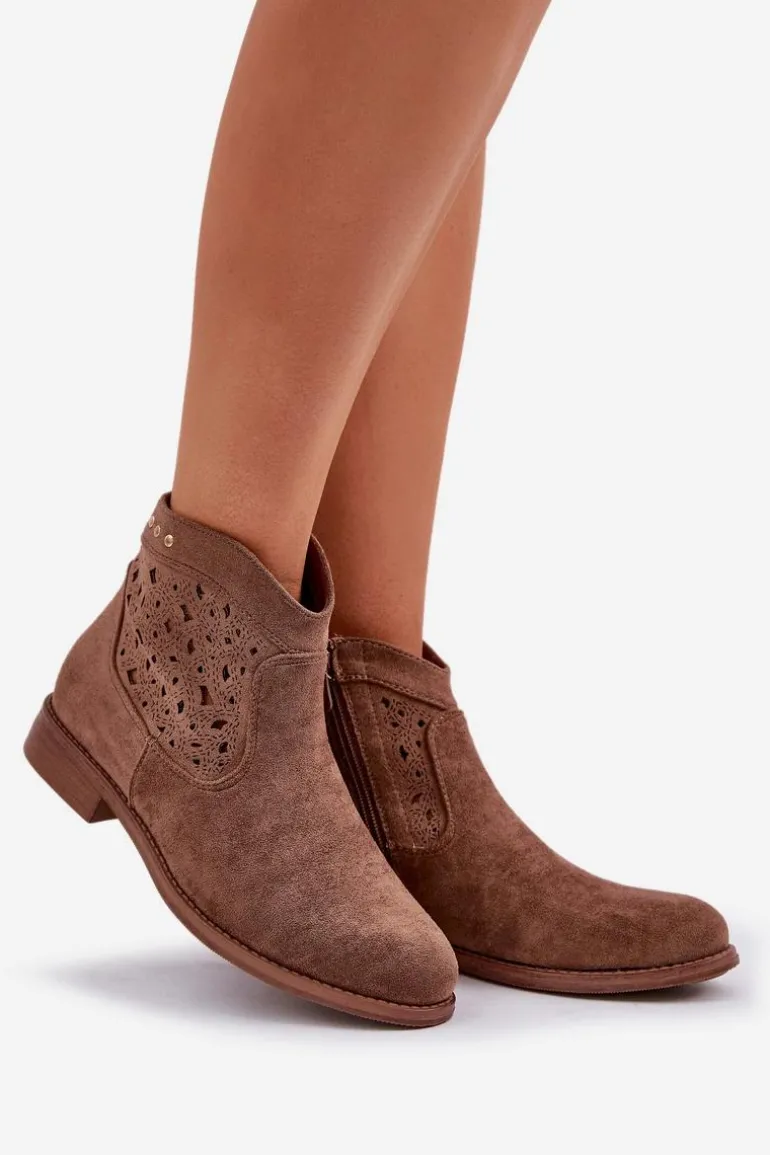 Ażurowe Botki Damskie Na Płaskim Obcasie S.Barski HY51-113 Brązowe