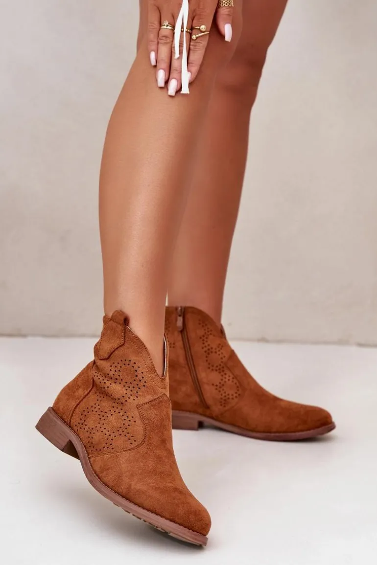 Ażurowe Botki Damskie Na Płaskim Obcasie Camel S.Barski HY42-151
