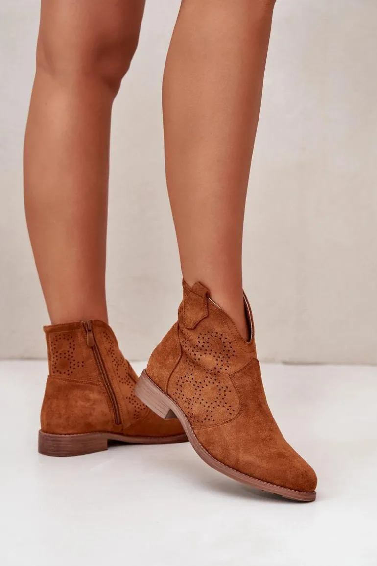 Ażurowe Botki Damskie Na Płaskim Obcasie Camel S.Barski HY42-151