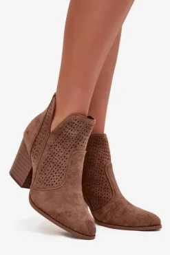 Ażurowe Botki Damskie Na Słupku S.Barski HY51-060 Brązowe