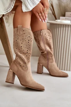 Ażurowe Botki Damskie Na Słupku Z Noskami W Szpic Eko Zamszowe Ciemnobeżowe Nevithra