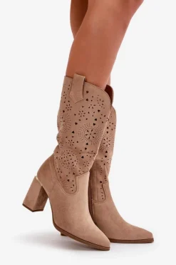 Ażurowe Botki Damskie Na Słupku Z Noskami W Szpic Eko Zamszowe Ciemnobeżowe Nevithra