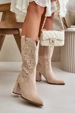 Ażurowe Botki Damskie Na Słupku Z Noskami W Szpic Eko Zamszowe Beżowe Nevithra
