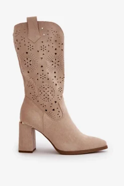 Ażurowe Botki Damskie Na Słupku Z Noskami W Szpic Eko Zamszowe Beżowe Nevithra