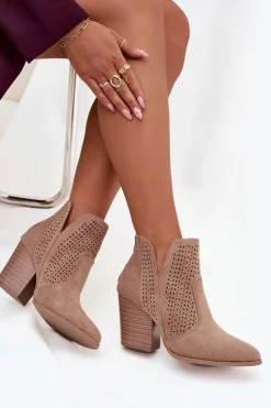 Ażurowe Botki Damskie Na Słupku S.Barski HY51-060 Beżowe