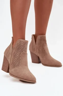 Ażurowe Botki Damskie Na Słupku S.Barski HY51-060 Beżowe