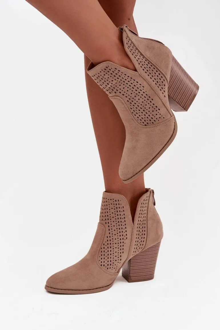 Ażurowe Botki Damskie Na Słupku S.Barski HY51-060 Beżowe