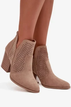 Ażurowe Botki Damskie Na Słupku S.Barski HY51-060 Beżowe