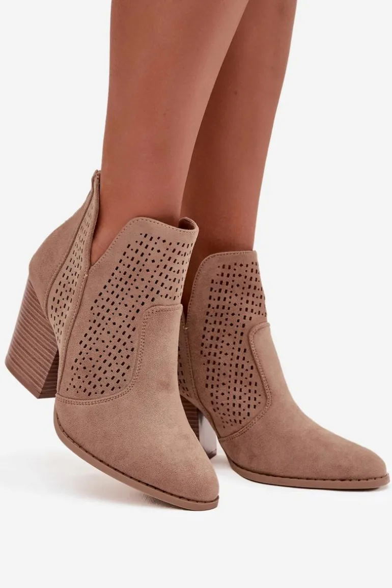 Ażurowe Botki Damskie Na Słupku S.Barski HY51-060 Beżowe