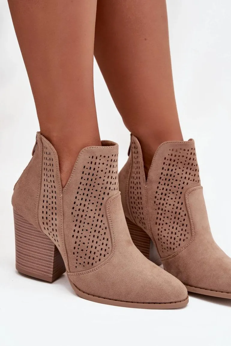 Ażurowe Botki Damskie Na Słupku S.Barski HY51-060 Beżowe