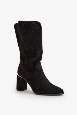 Ażurowe Botki Damskie Na Słupku Z Noskami W Szpic Eko Zamszowe Czarne Nevithra