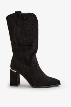 Ażurowe Botki Damskie Na Słupku Z Noskami W Szpic Eko Zamszowe Czarne Nevithra