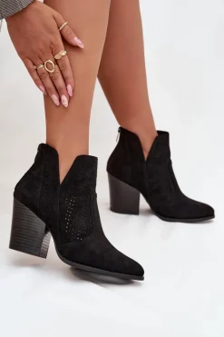Ażurowe Botki Damskie Na Słupku S.Barski HY51-060 Czarne
