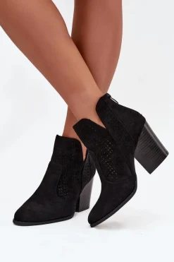 Ażurowe Botki Damskie Na Słupku S.Barski HY51-060 Czarne