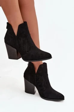 Ażurowe Botki Damskie Na Słupku S.Barski HY51-060 Czarne