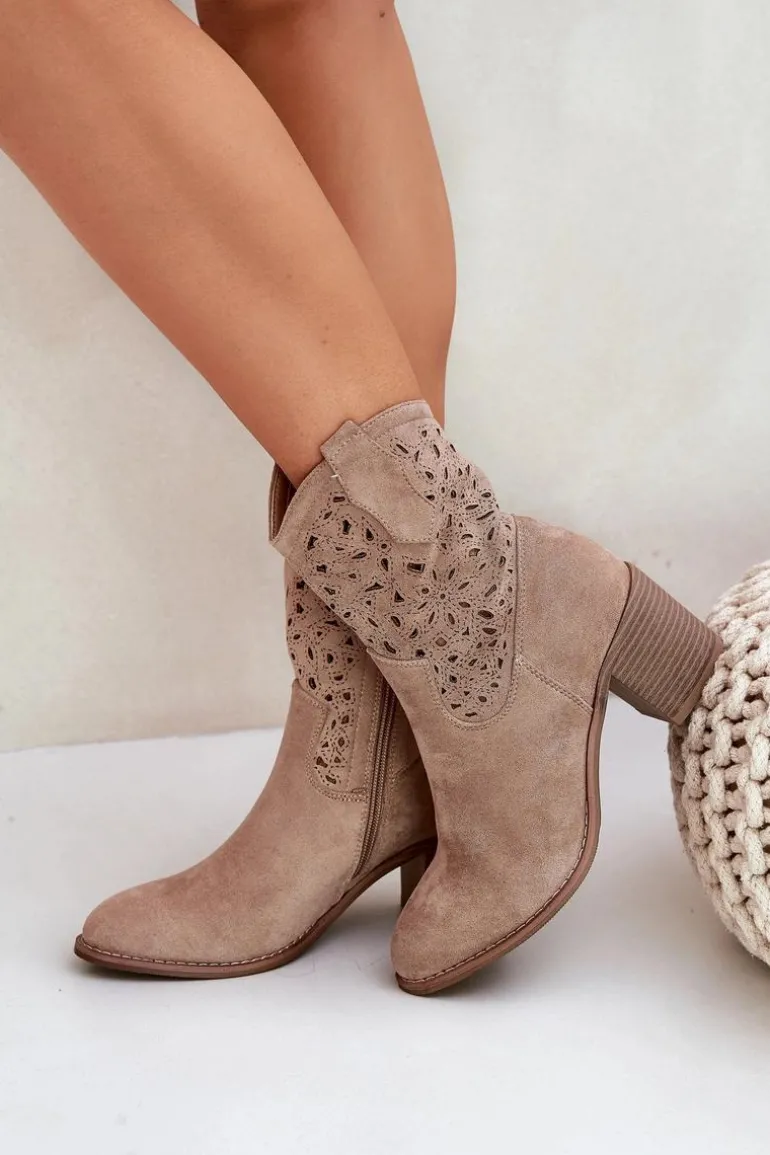 Ażurowe Botki Kowbojki Damskie Na Obcasie S.Barski HY51-125 Beżowe