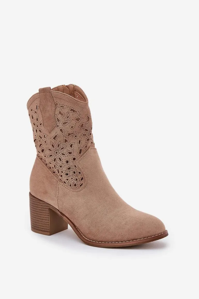 Ażurowe Botki Kowbojki Damskie Na Obcasie S.Barski HY51-125 Beżowe