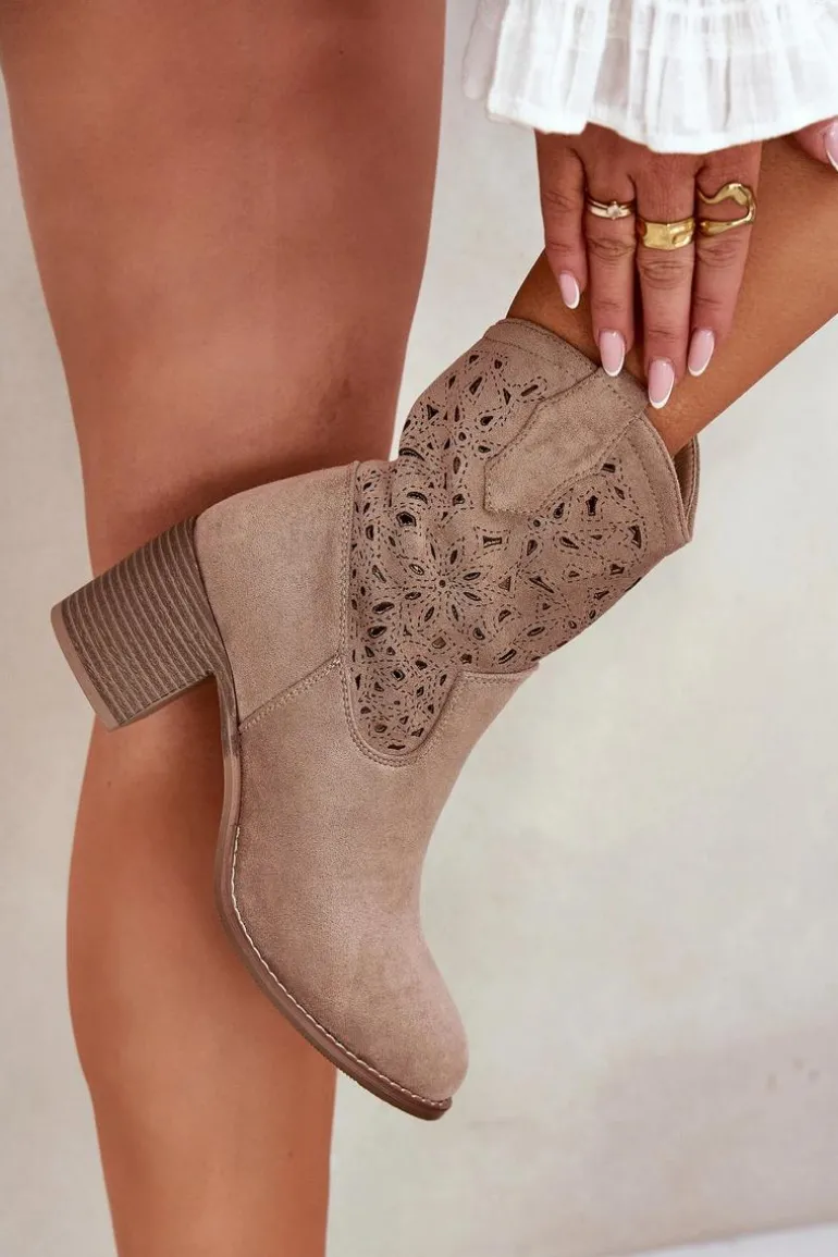 Ażurowe Botki Kowbojki Damskie Na Obcasie S.Barski HY51-125 Beżowe