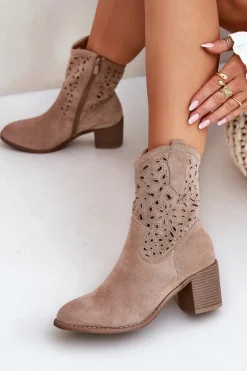 Ażurowe Botki Kowbojki Damskie Na Obcasie S.Barski HY51-125 Beżowe