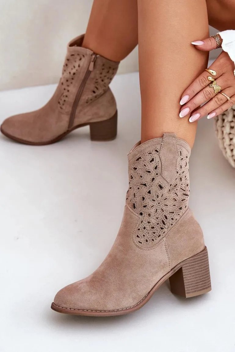 Ażurowe Botki Kowbojki Damskie Na Obcasie S.Barski HY51-125 Beżowe