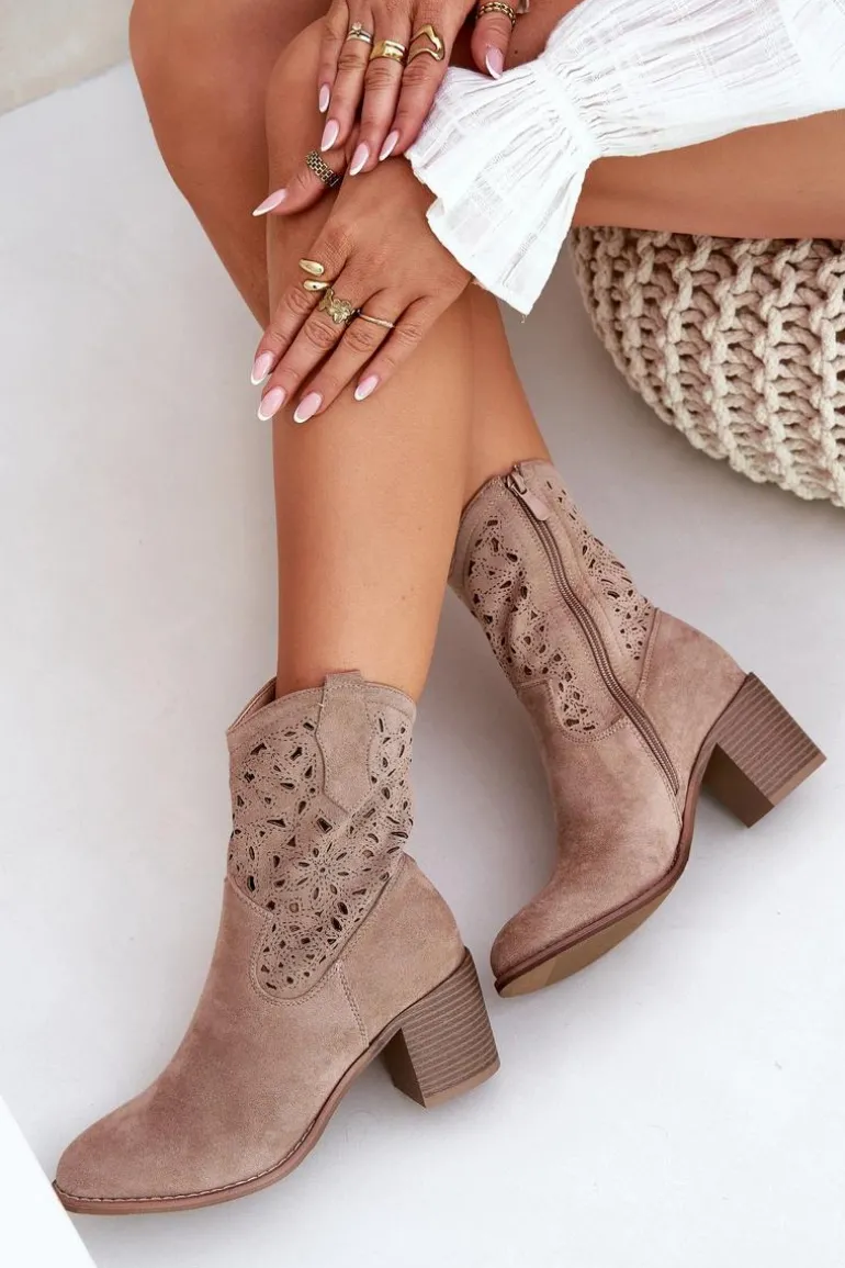 Ażurowe Botki Kowbojki Damskie Na Obcasie S.Barski HY51-125 Beżowe