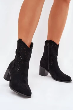 Ażurowe Botki Kowbojki Damskie Na Obcasie S.Barski HY51-125 Czarne