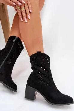 Ażurowe Botki Kowbojki Damskie Na Obcasie S.Barski HY51-125 Czarne