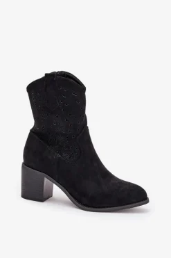 Ażurowe Botki Kowbojki Damskie Na Obcasie S.Barski HY51-125 Czarne
