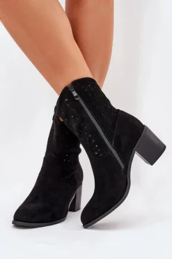 Ażurowe Botki Kowbojki Damskie Na Obcasie S.Barski HY51-125 Czarne
