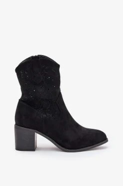 Ażurowe Botki Kowbojki Damskie Na Obcasie S.Barski HY51-125 Czarne