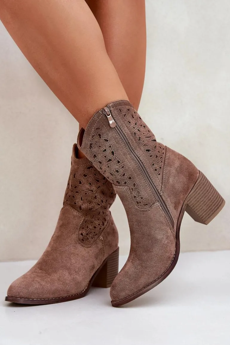 Ażurowe Botki Kowbojki Damskie Na Obcasie S.Barski HY51-125 Brązowe