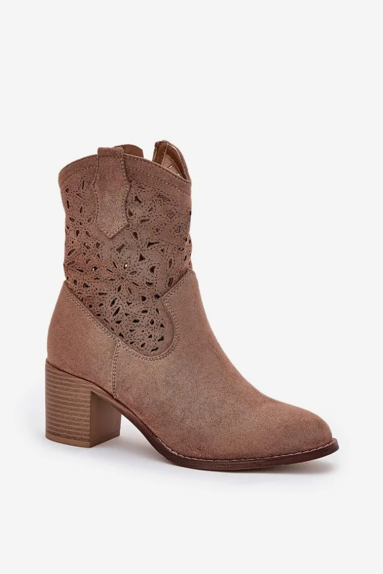 Ażurowe Botki Kowbojki Damskie Na Obcasie S.Barski HY51-125 Brązowe