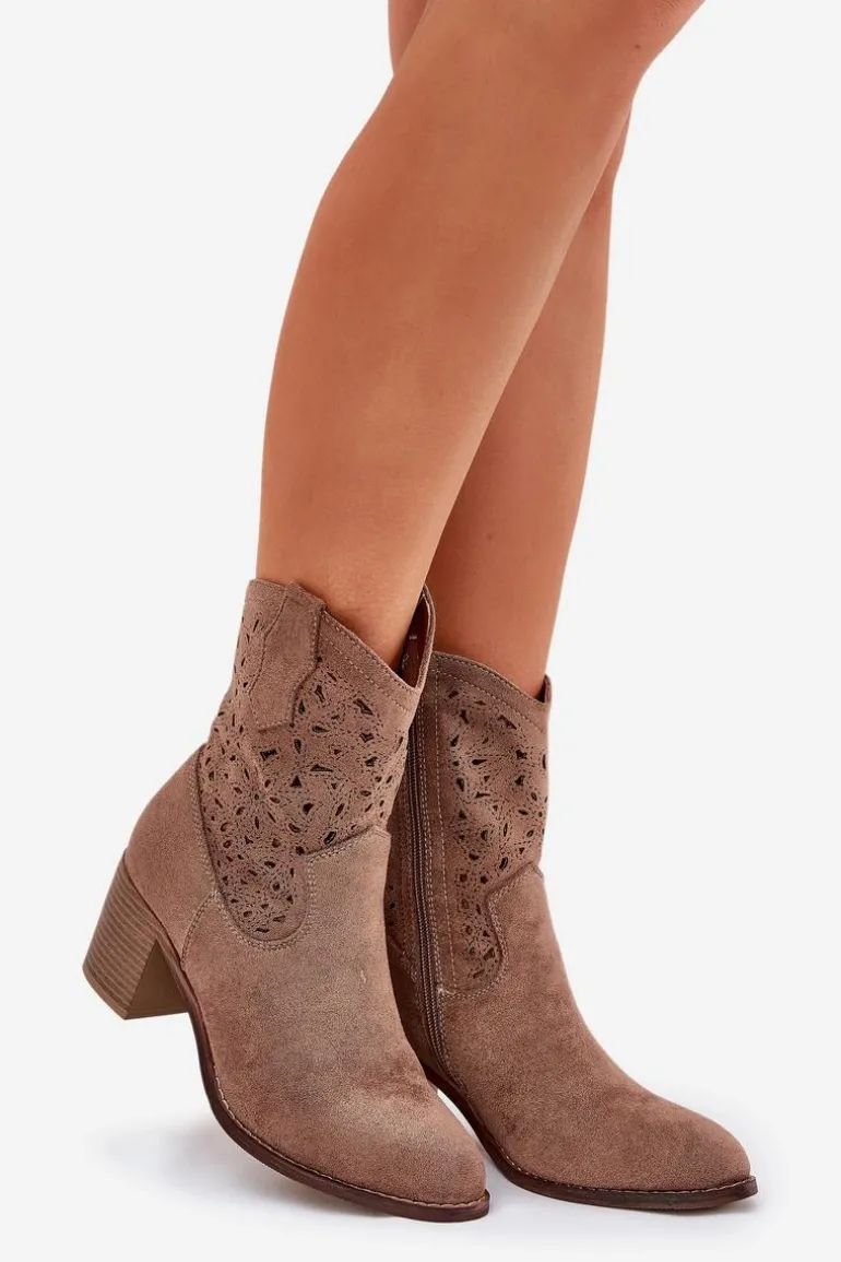 Ażurowe Botki Kowbojki Damskie Na Obcasie S.Barski HY51-125 Brązowe