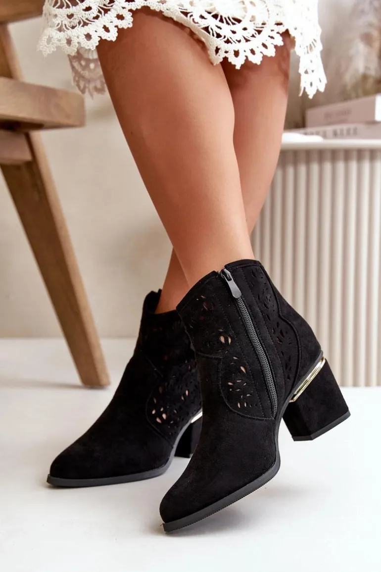 Ażurowe Botki Kowbojki Na Słupku Zapinane Na Zamek Czarne Vosilara