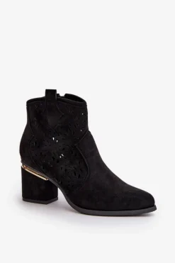 Ażurowe Botki Kowbojki Na Słupku Zapinane Na Zamek Czarne Vosilara