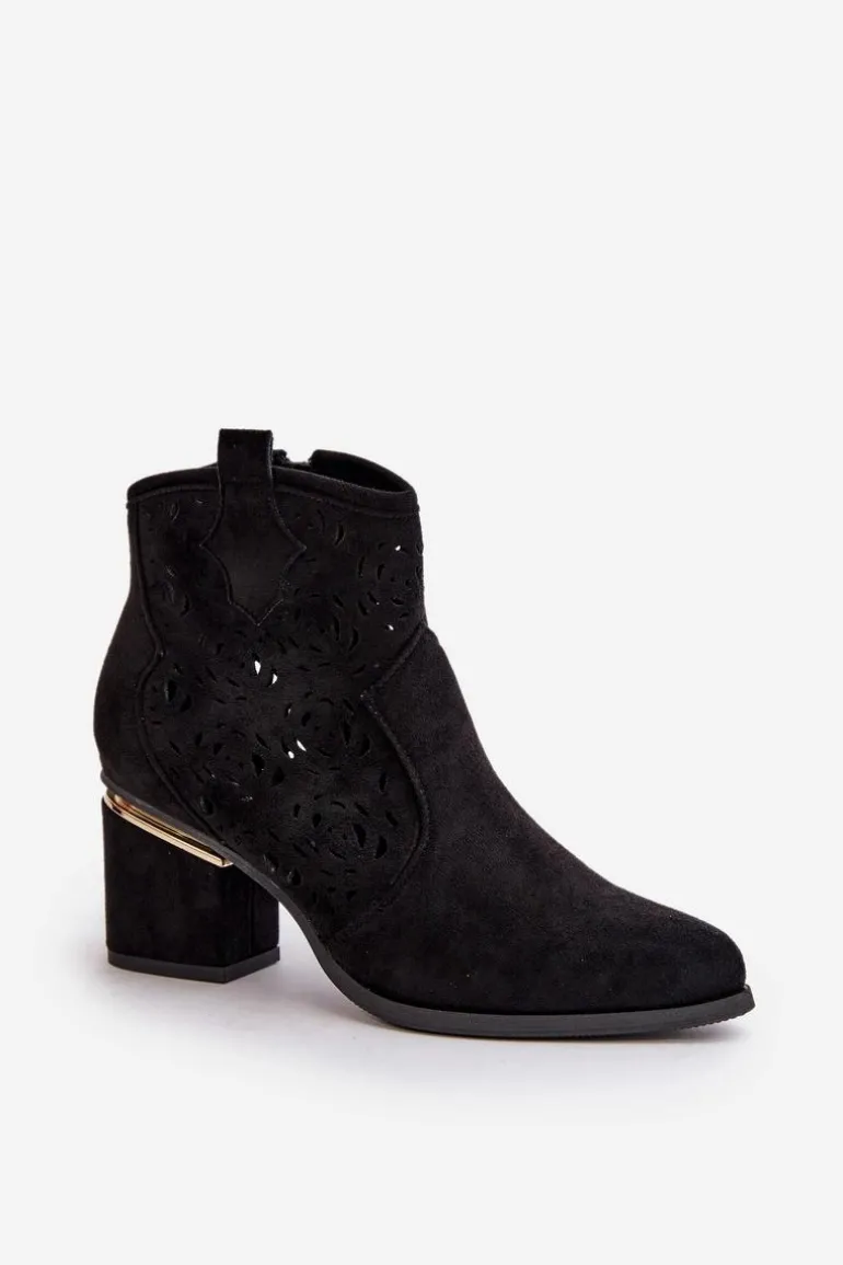 Ażurowe Botki Kowbojki Na Słupku Zapinane Na Zamek Czarne Vosilara