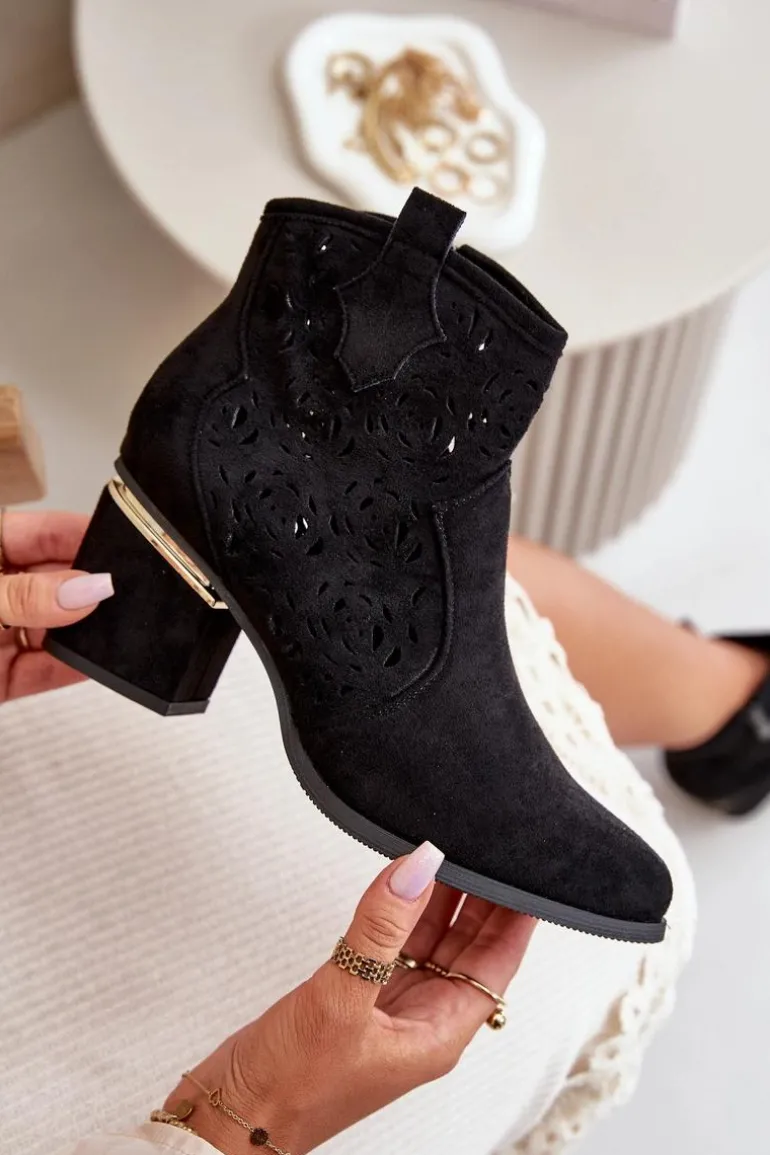 Ażurowe Botki Kowbojki Na Słupku Zapinane Na Zamek Czarne Vosilara