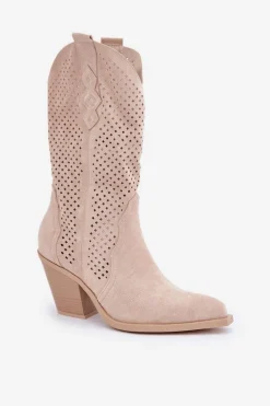 Ażurowe Botki Kowbojki Na Słupku Jasnobeżowe Salive