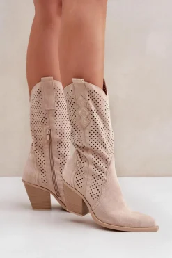 Ażurowe Botki Kowbojki Na Słupku Jasnobeżowe Salive