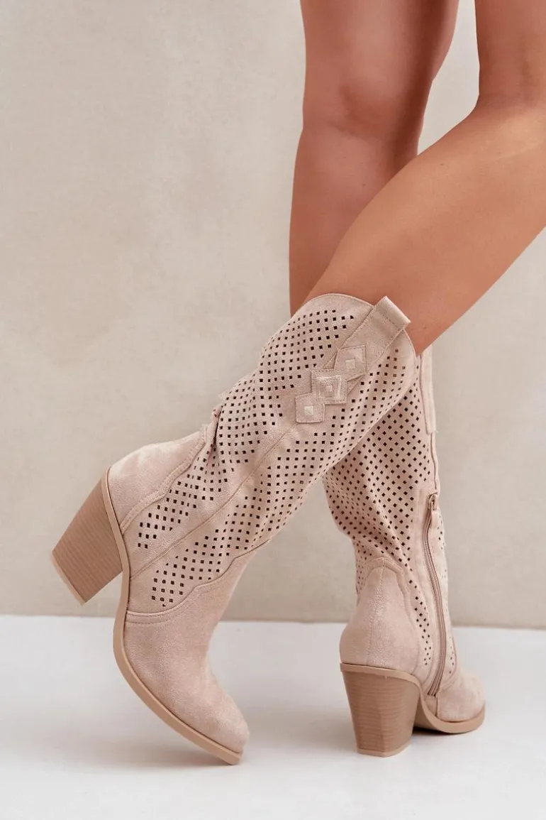 Ażurowe Botki Kowbojki Na Słupku Jasnobeżowe Salive